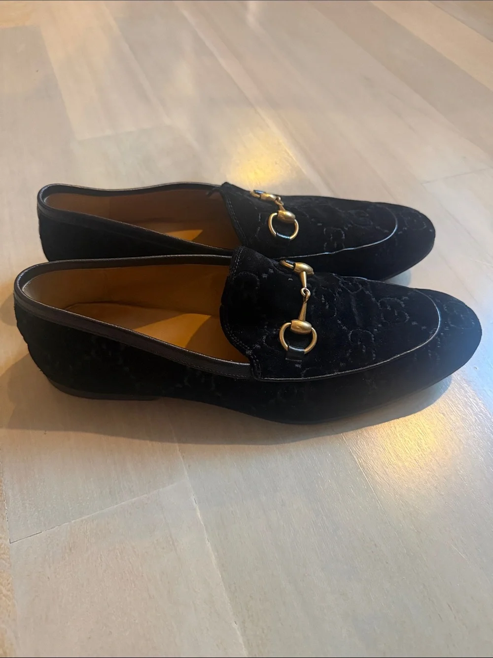 Men’s Gucci Black Velvet Horsebit Loafers with Gold Hardware Size 8 1/2